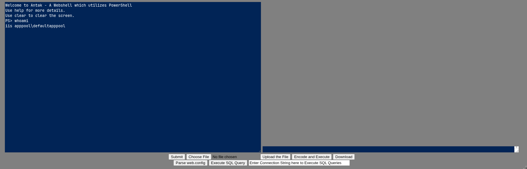 Antak webshell interface showing the current user as iis apppool\defaultapppool