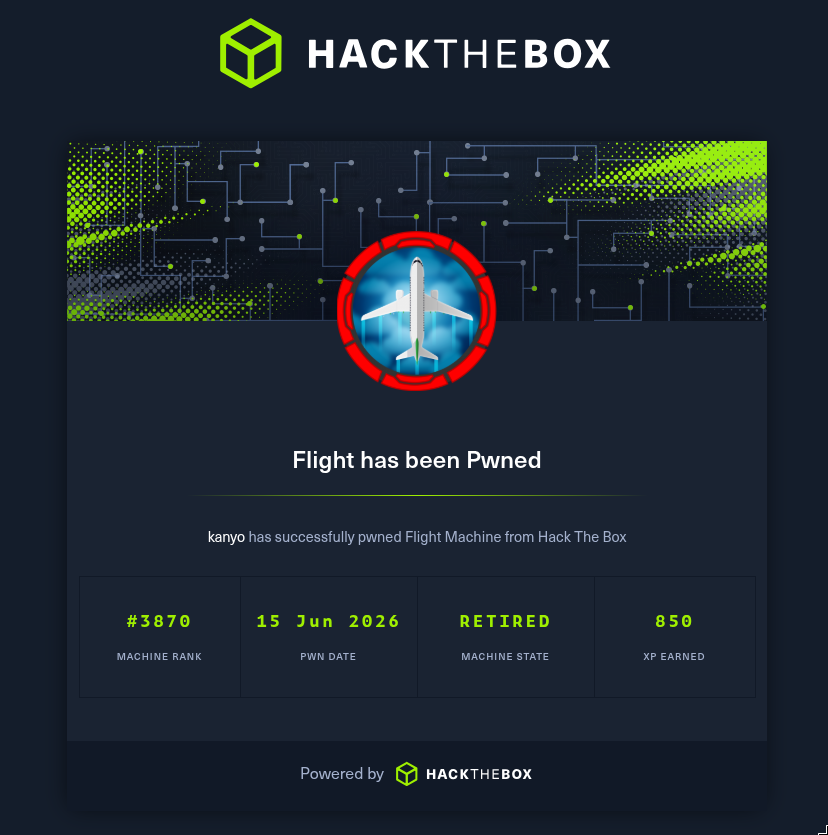 Flight has been Pwned by kanyo - 15 Jun 2026, 850 XP