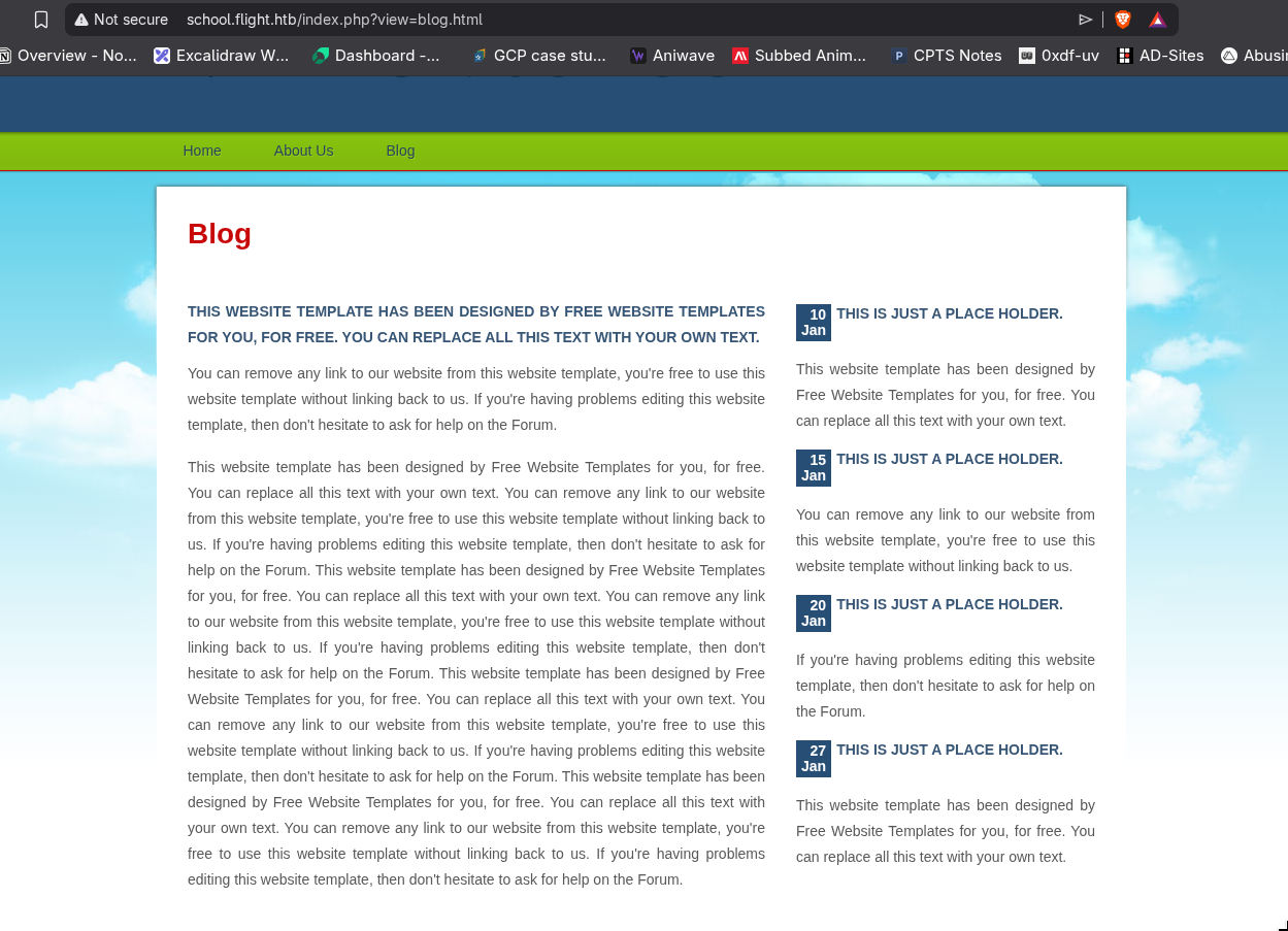 school.flight.htb blog page showing the ?view= parameter in the URL
