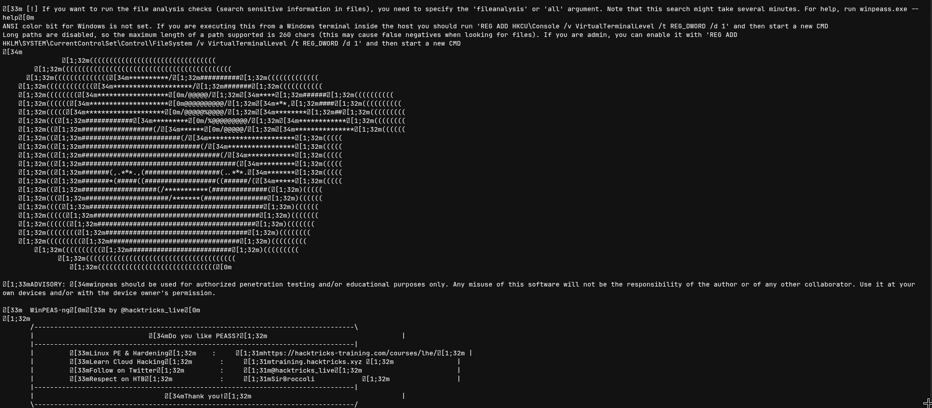winpeas output highlighting IIS listening on 127.0.0.1:8000