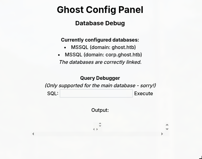 Ghost Config Panel showing linked MSSQL databases for ghost.htb and corp.ghost.htb