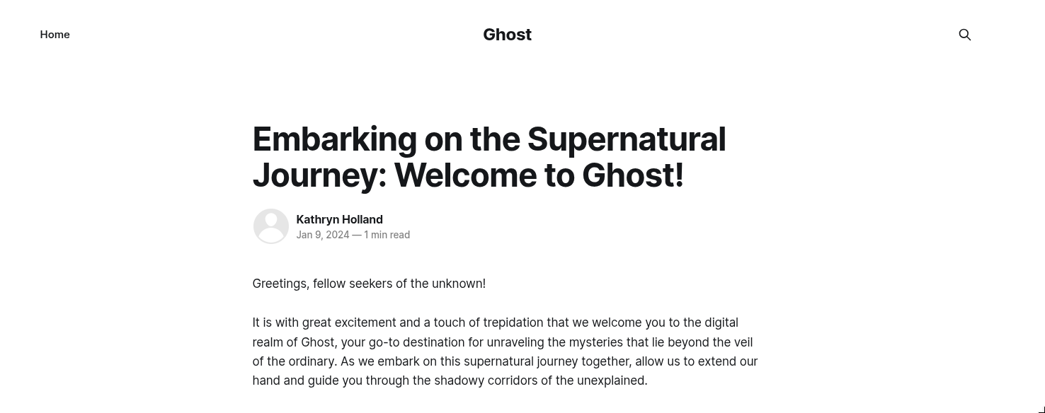 Ghost CMS public page showing Kathryn Holland as author