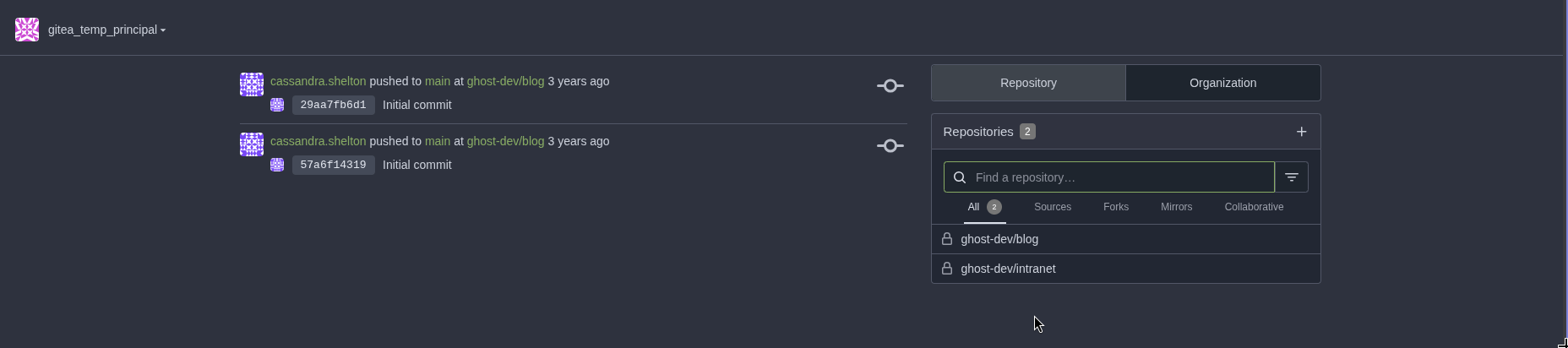 Gitea dashboard showing Blog and Intranet repos
