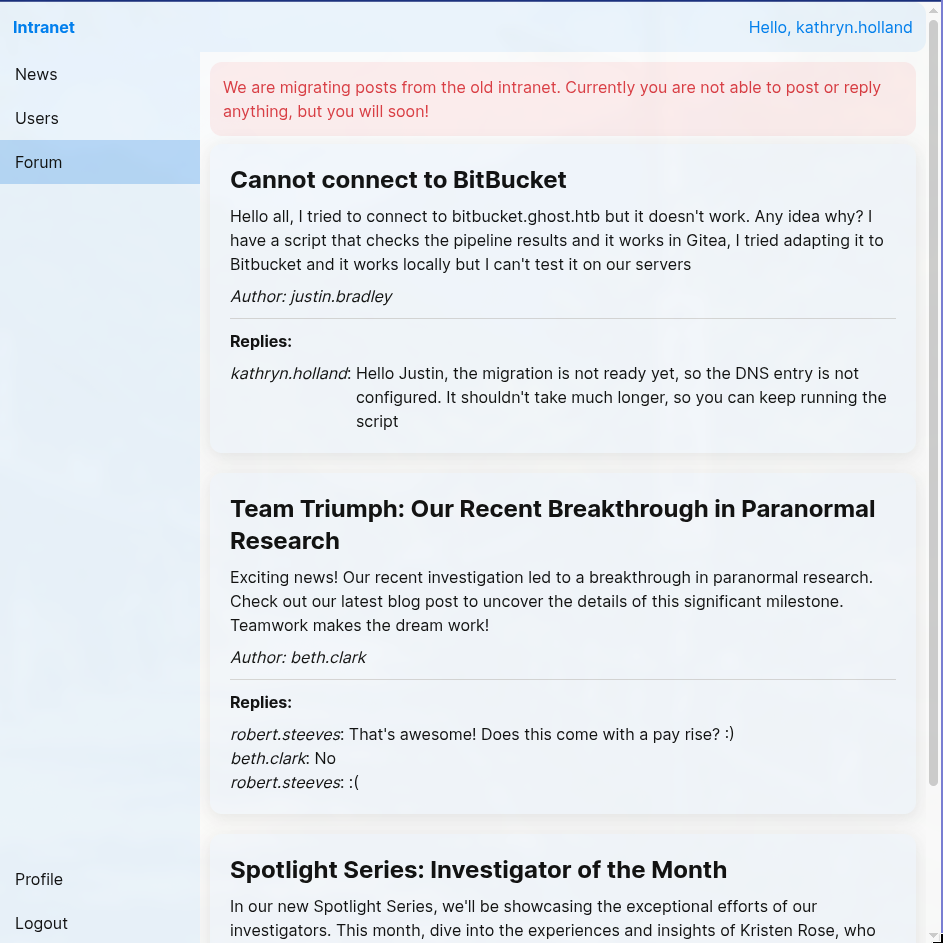 Intranet forum showing posts as logged-in user kathryn.holland