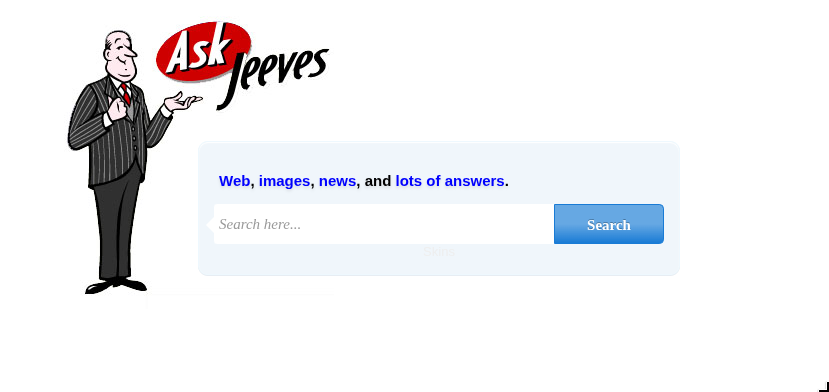The Ask Jeeves themed search page on port 80 with a search bar that redirects to a static error page
