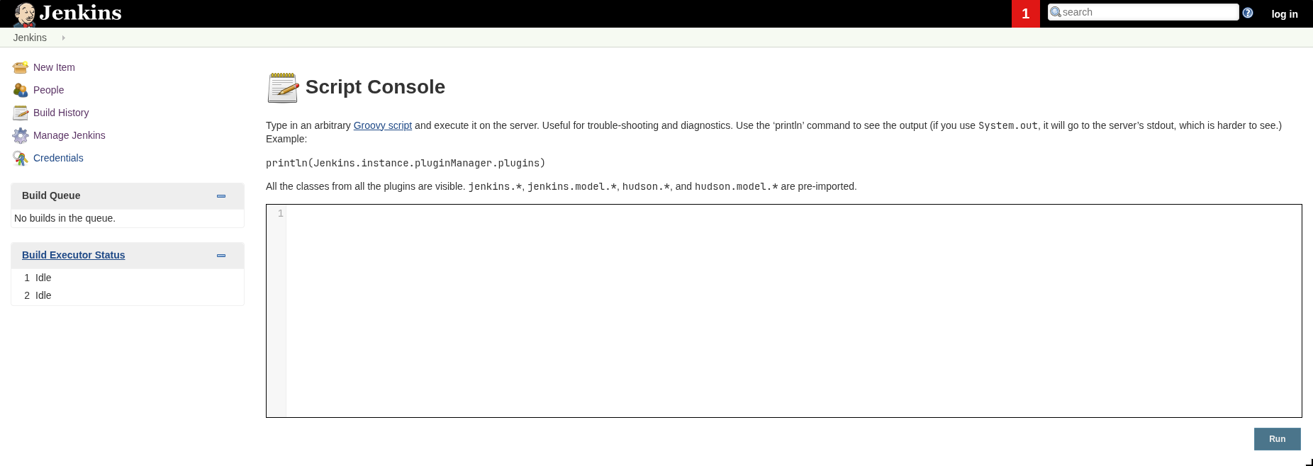 Jenkins Script Console under Manage Jenkins, accepting arbitrary Groovy code for server-side execution