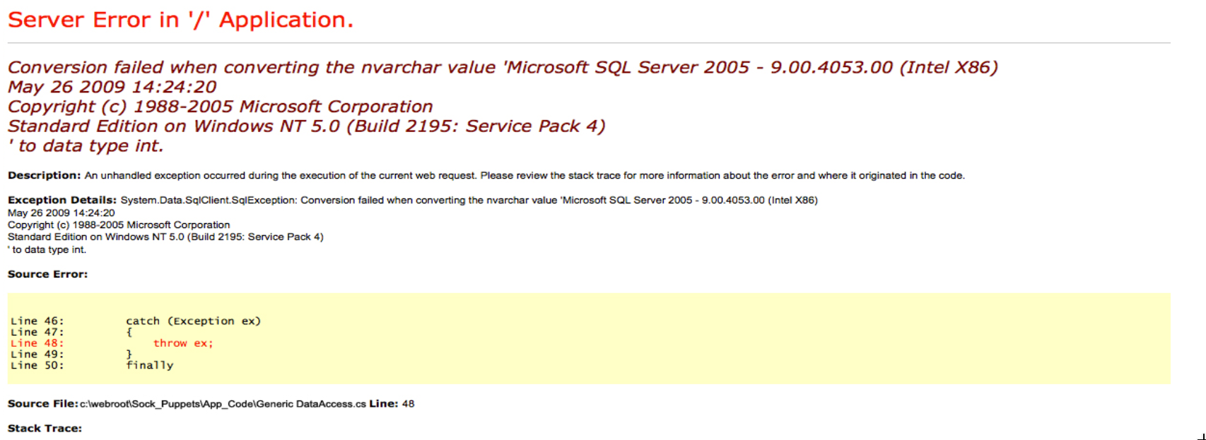 Static error page leaking Microsoft SQL Server 2005 version from a type conversion exception