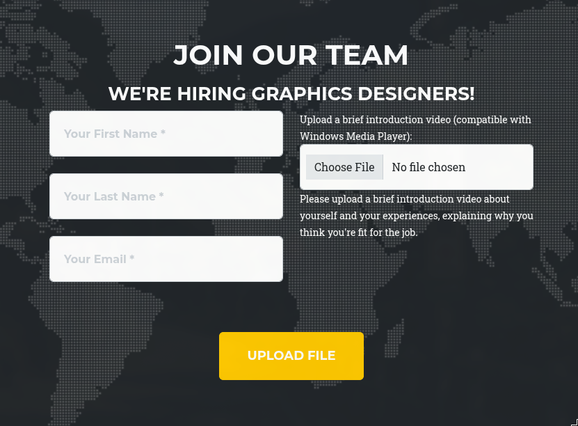 ProMotion Studio job application page with a file upload form asking for a Windows Media Player compatible video