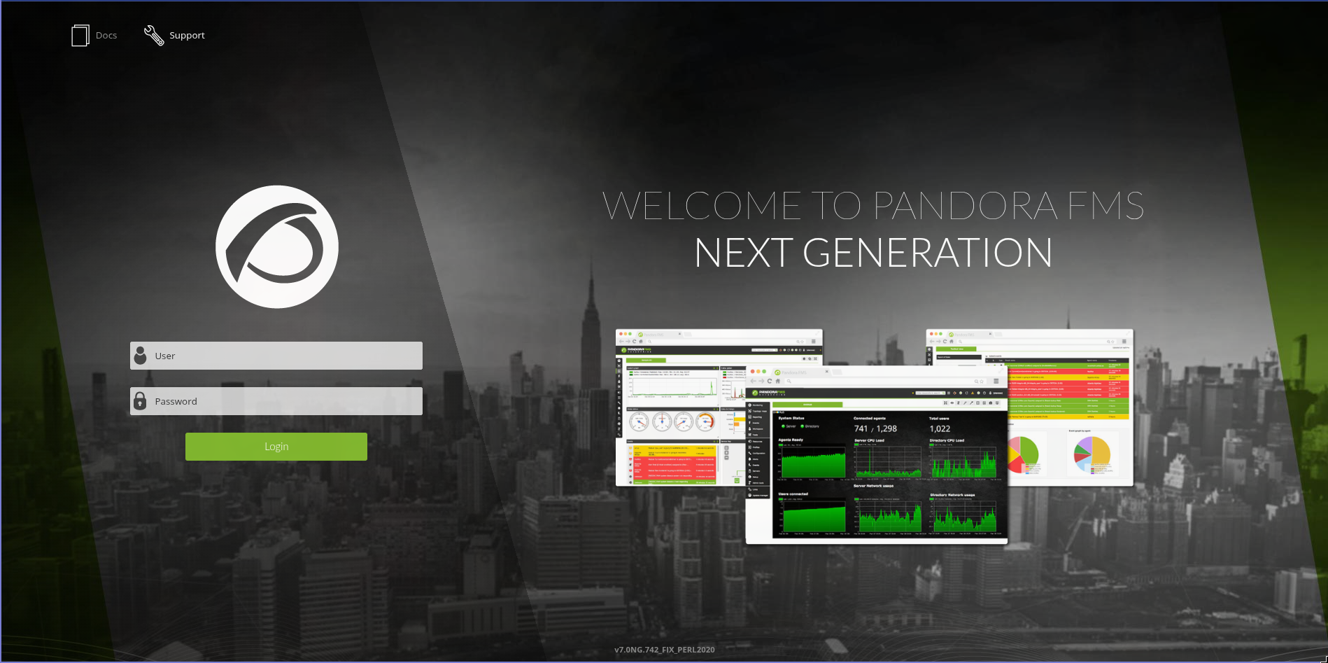 Pandora FMS “Welcome to Pandora FMS Next Generation” login page