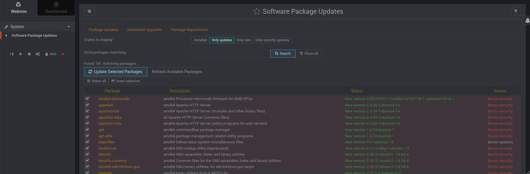 Webmin dashboard logged in as Matt showing Software Package Updates panel with 181 packages