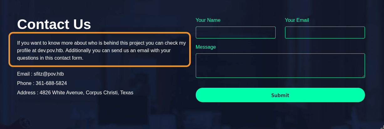 pov.htb contact page with text pointing to dev.pov.htb subdomain and sfitz@pov.htb email