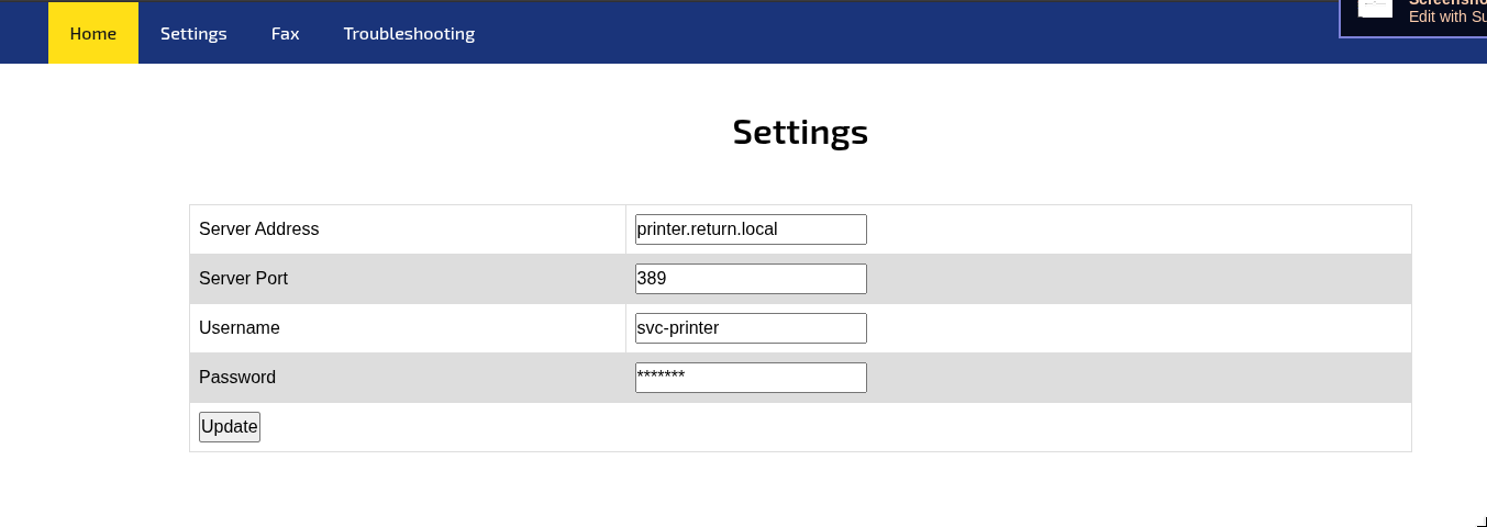 Settings page showing Server Address: printer.return.local, Server Port: 389, Community String, Username: svc-printer, Password: *******