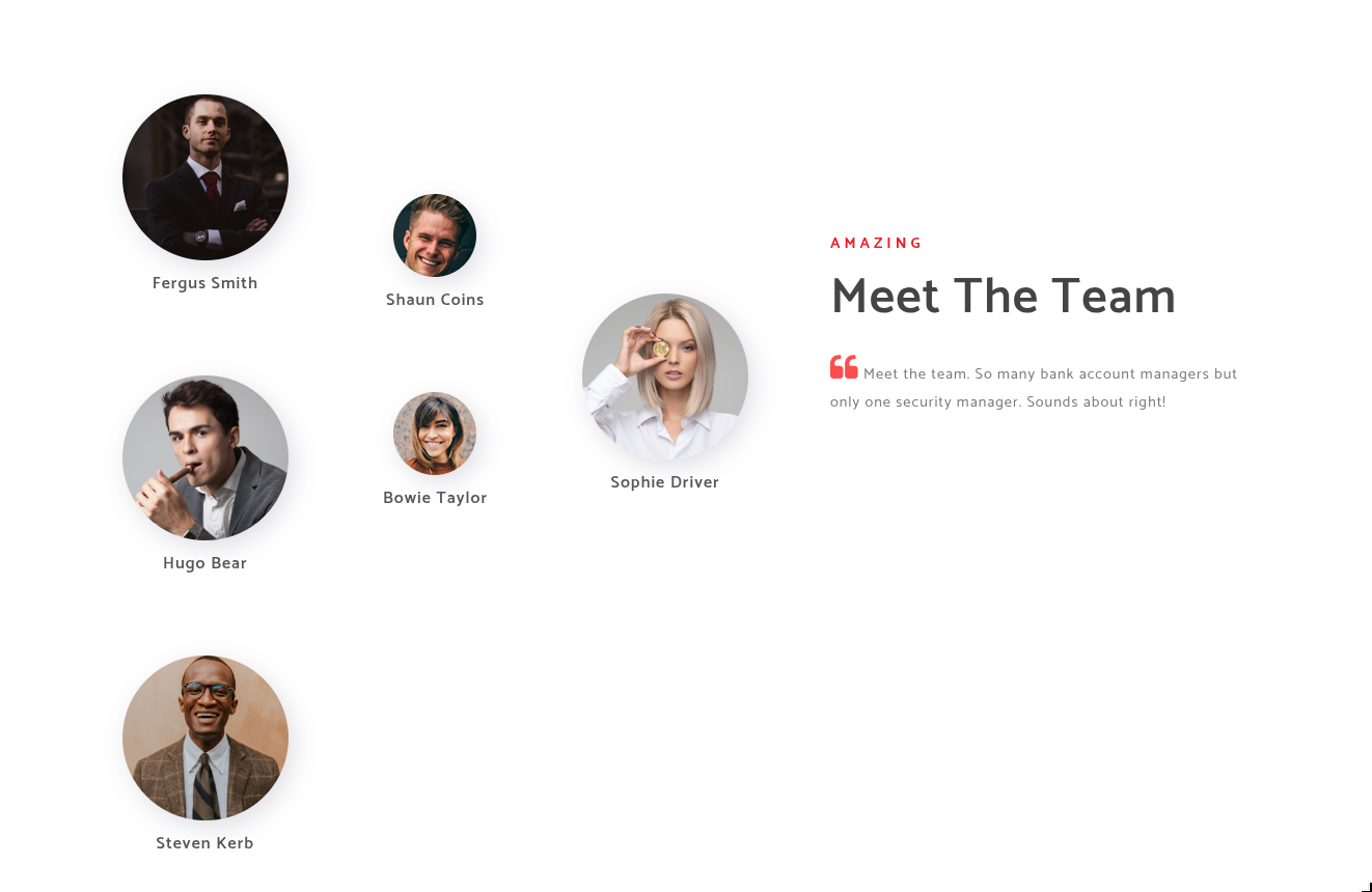 Egotistical Bank “Meet The Team” page showing six staff members: Fergus Smith, Shaun Coins, Hugo Bear, Bowie Taylor, Sophie Driver, and Steven Kerb
