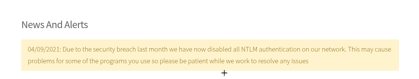 Scramble Corp intranet news and alerts section showing a 2021 notice that NTLM authentication has been disabled across the entire network due to a security breach