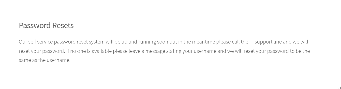 Scramble Corp intranet showing the password reset policy: if IT is unavailable, leave your username and they will reset your password to match it