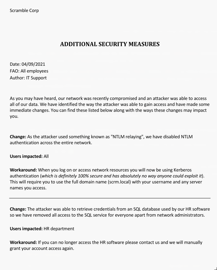 Scramble Corp “Additional Security Measures” PDF document explaining NTLM was disabled after an attacker used NTLM relaying, and that Kerberos “has absolutely no way anyone could exploit it”