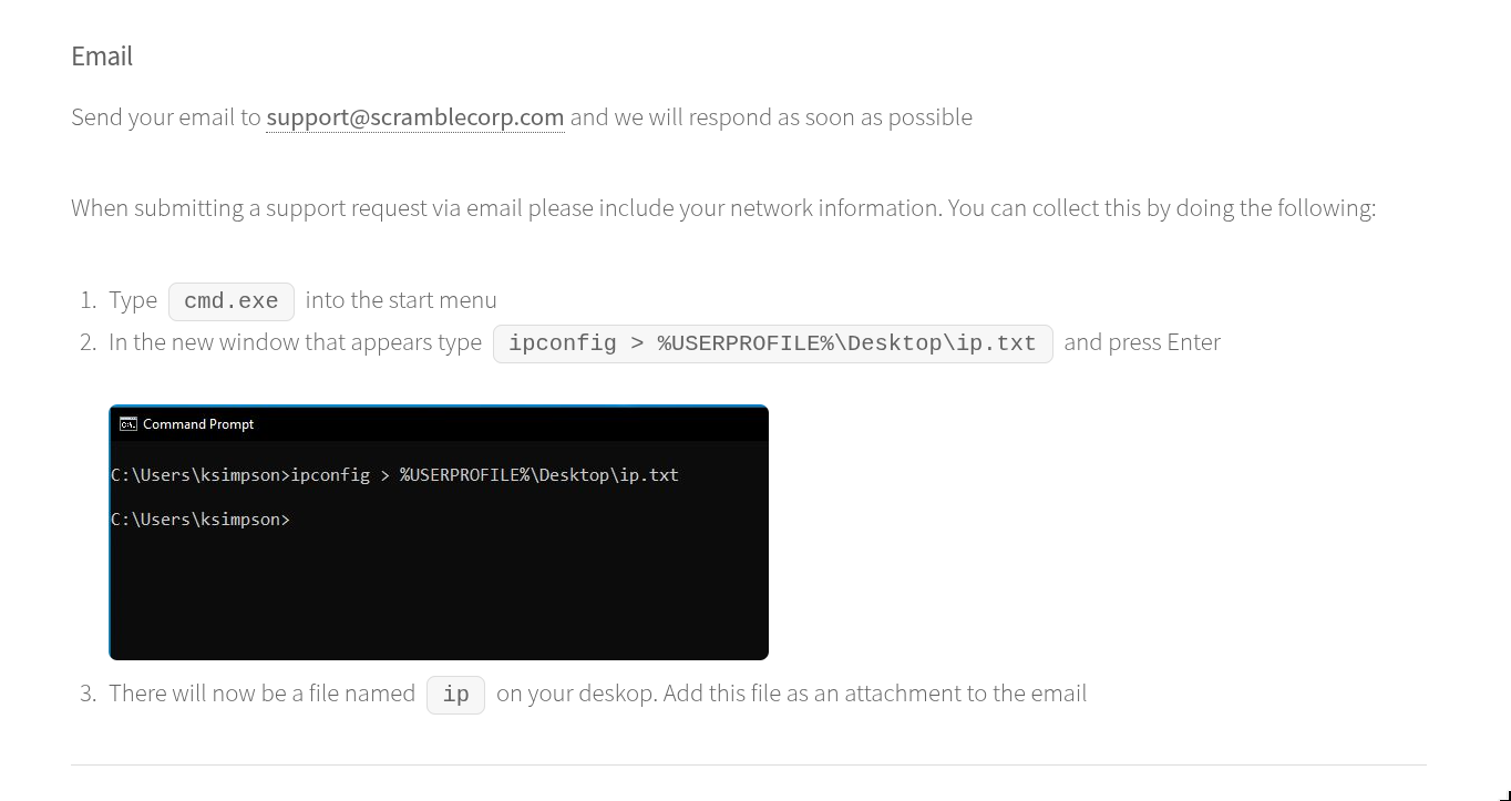 Scramble Corp support page showing a cmd.exe example with C:\Users\ksimpson> as the prompt, leaking the username