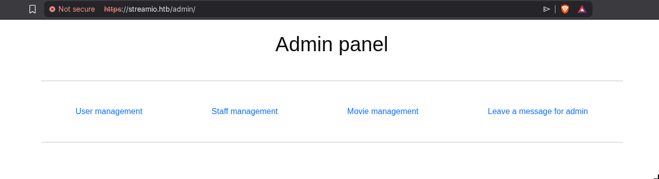 streamio.htb admin panel showing User management, Staff management, Movie management, and Leave a message for admin options