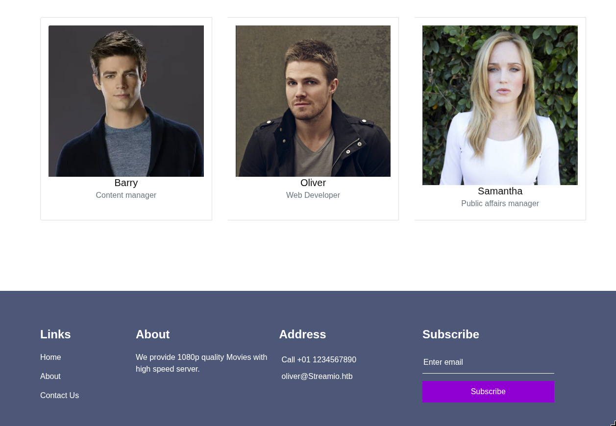 streamio.htb footer showing staff members Barry, Oliver, and Samantha with their roles