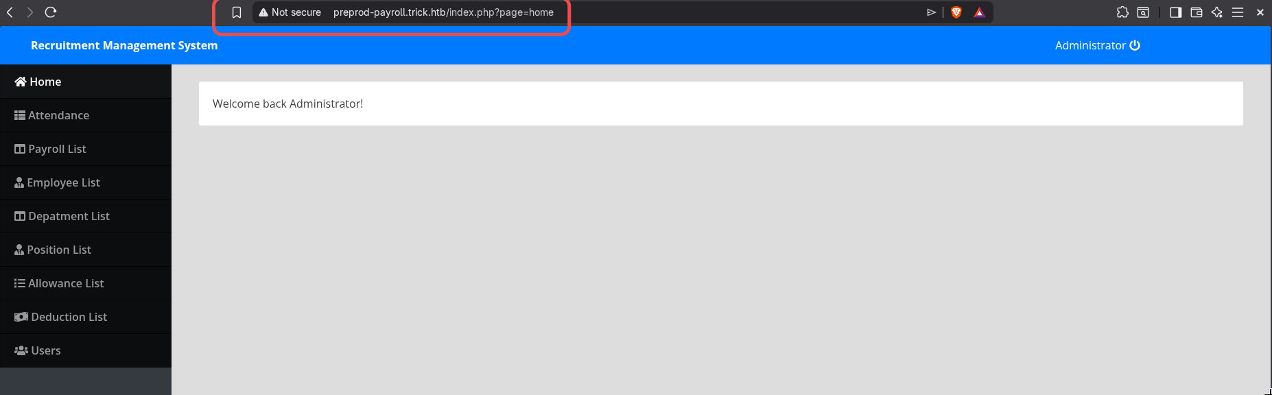 Payroll admin panel after login showing employee records and management sidebar