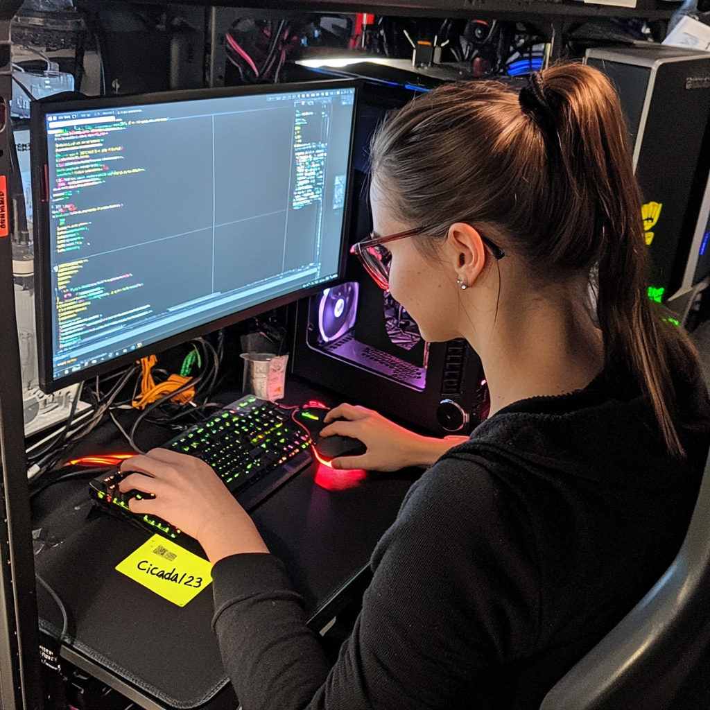 Photo of a developer at their workstation with a sticky note on the monitor reading ‘Cicada123’, leaked from the NFS share via Rosie.Powell’s marketing.png